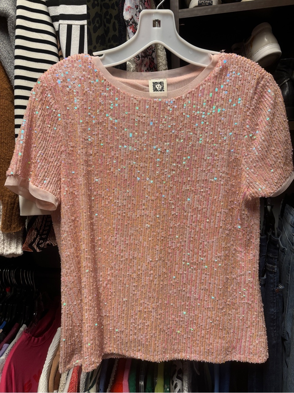 Anne Klein Pink Sequin Knit Short-Sleeve Top